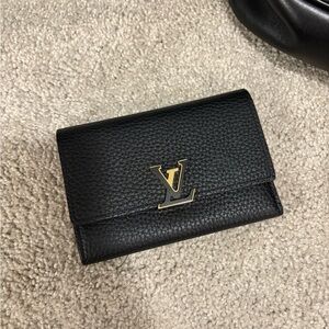 Louis Vuitton Black Leather Wallet with Gold Logo
